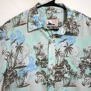 Huk Shirt Mens Medium Short Sleeve Button Light Green Fishing Boats Polyester